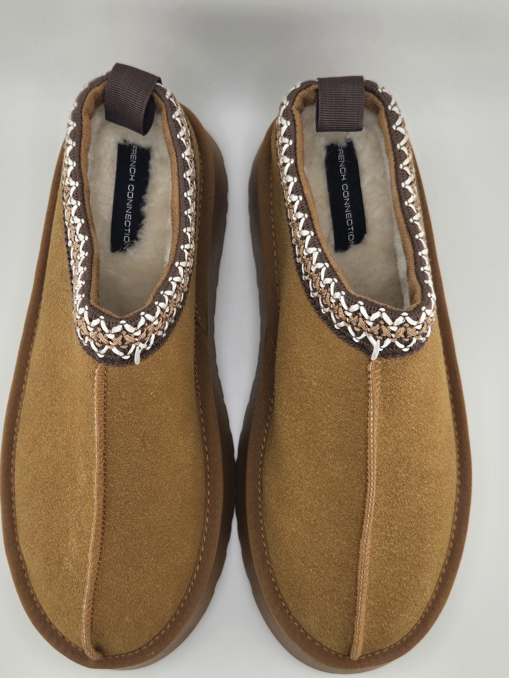 French Connection Suede Slipper with Woven Trim in a classic chestnut brown co